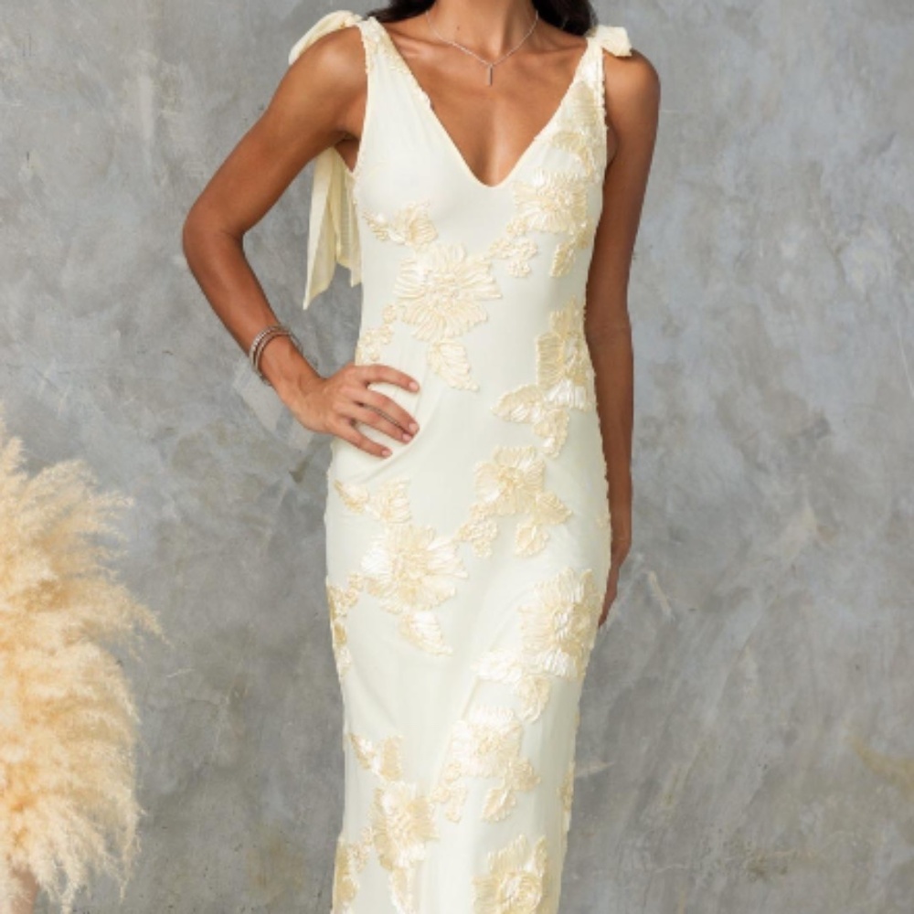 Cream Embroidered V-Neck Maxi Dress with Tie Shoulders